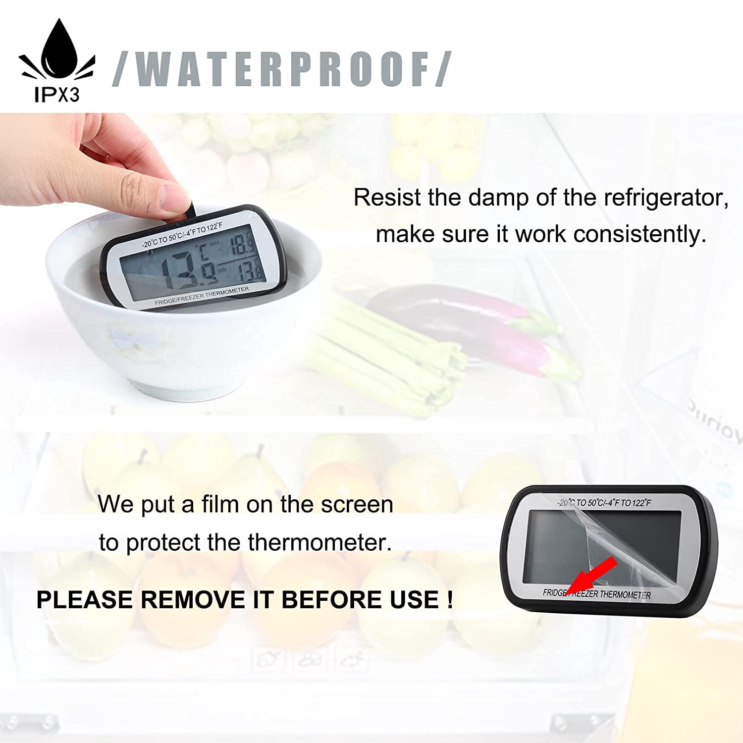 Refrigerator Thermometer Digital Fridge Freezer Thermometer with Magnetic Back Large LCD, No Frills Easy to Read (Black-4 Pack)