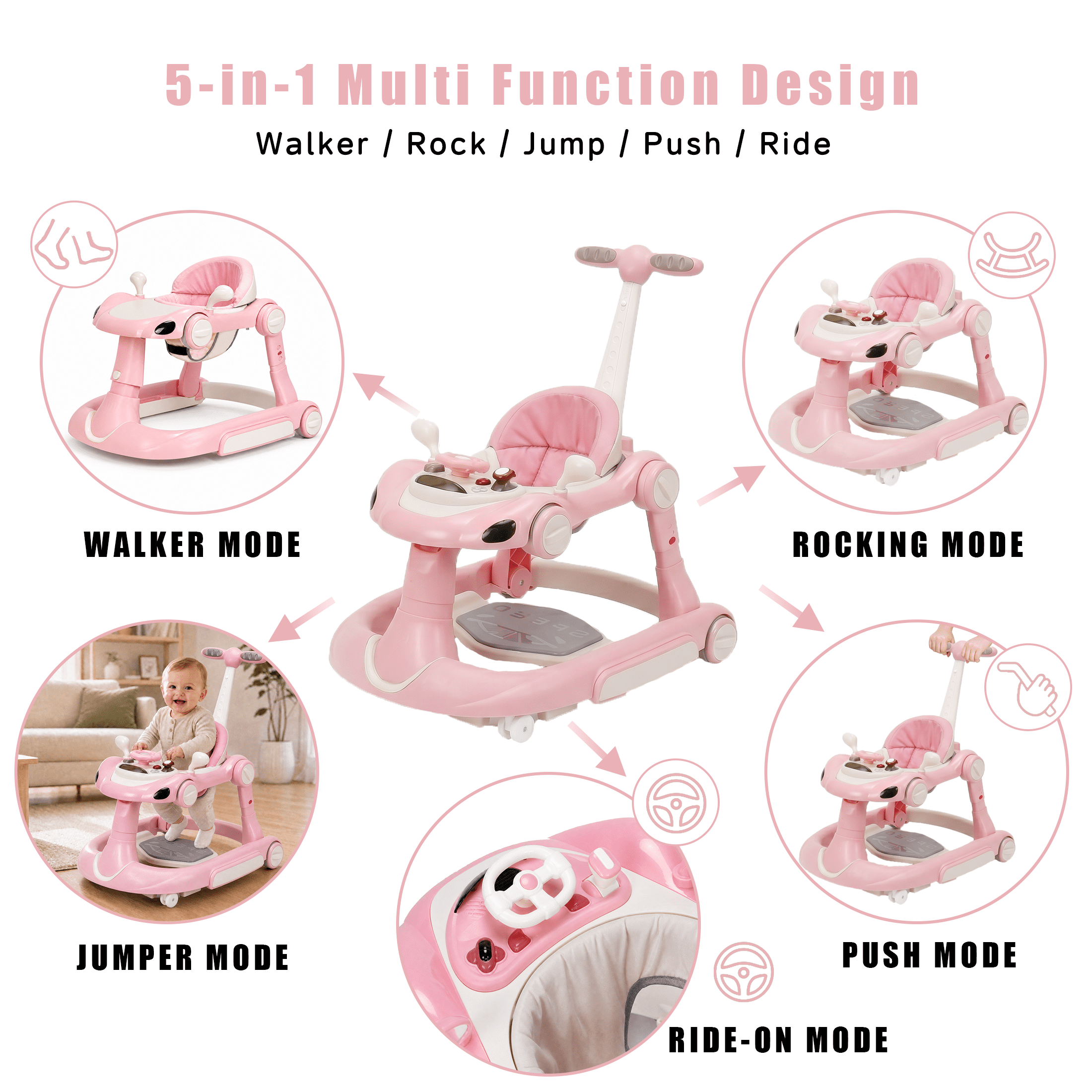 5 in 1 Baby Walker for Boys Girls,Foldable,Music,Light,Jumper,Rocking,Push,Height Adjustable Training Activity for Babies Infant 6-18 Months,Pink