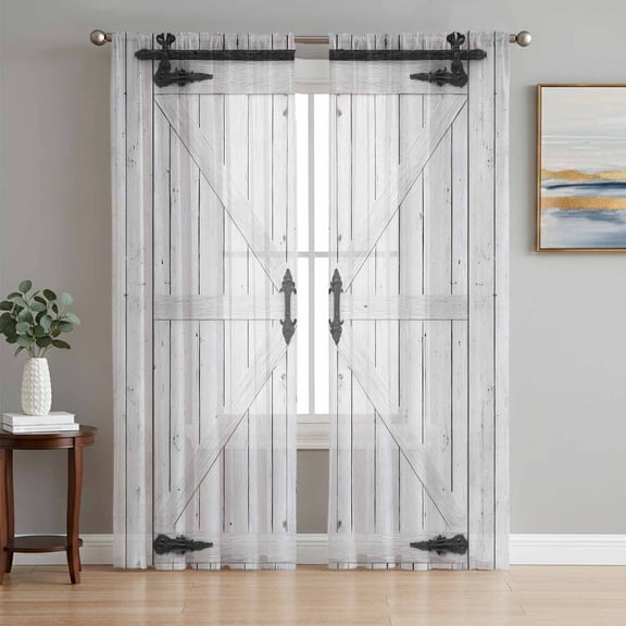 Farmhouse Wood Grain Sheer Curtains 72 Inch Length 2 Panels for Living Room, Vintage Country Barn Gate Grey Voile Kitchen Curtain Set, Luxury Privacy Drapes Window Treatment for Bedroom