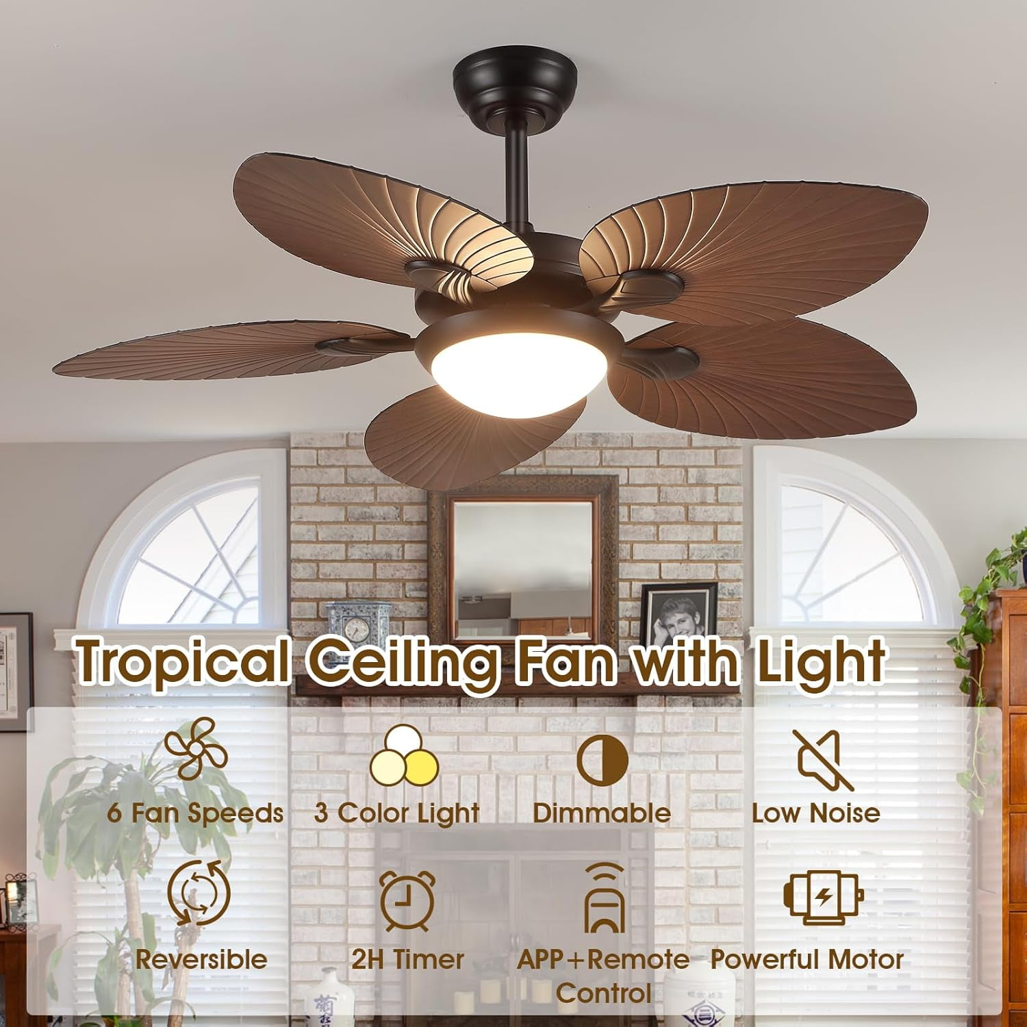 Phorus 44″ Tropical Palm Leaf Ceiling Fan with LED Light, Quiet Reversible DC Motor, Remote & App Control, Dimmable – Indoor & Covered Outdoor Patio