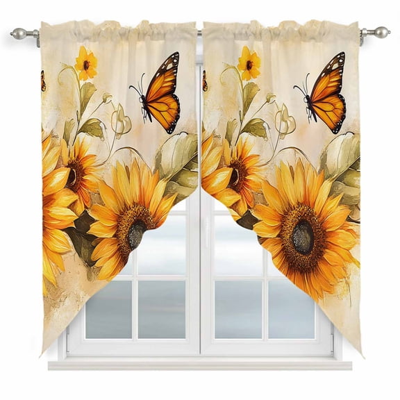 Sunflower Kitchen Window Curtains, Swag Curtains Valance for Bedroom Living Room Bathroom, Butterfly Spring Floral Retro Rod Pocket Window Treatment Curtain Block Drapes 2 Panels 36"x36"