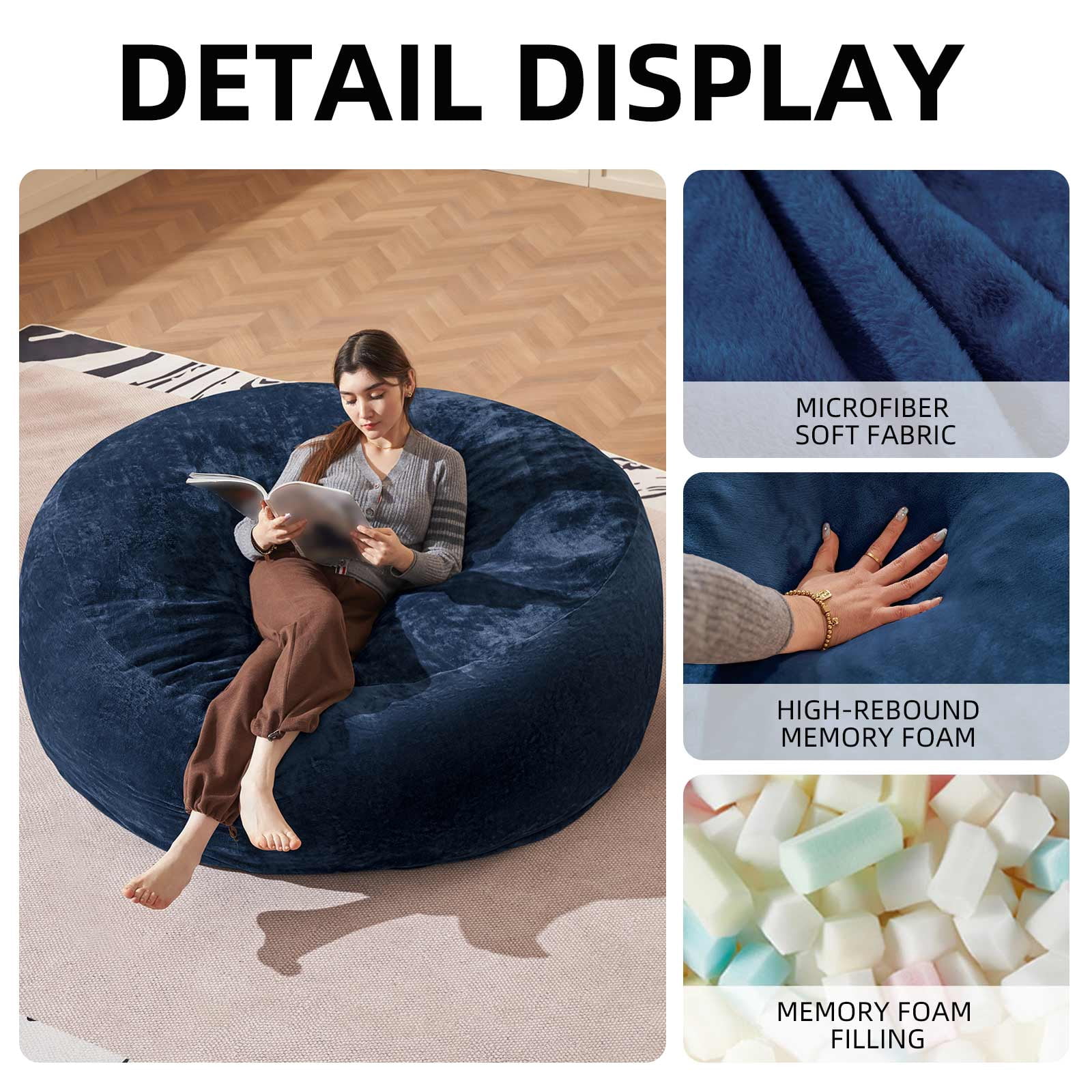 Bean Bag Chair 6FT,  Large Memory Foam Filled Chair for Adults and Teens, Soft Sofa with Removable Flannel Cover, Round Couch for Living Room Bedroom College Dorm