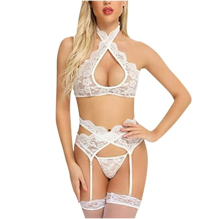 

AURIGATE Sexy Lingerie for Women Ladies Cute Girl Erotic Lingerie Halter Lace Sexy Backless Three-piece Suit Clearance