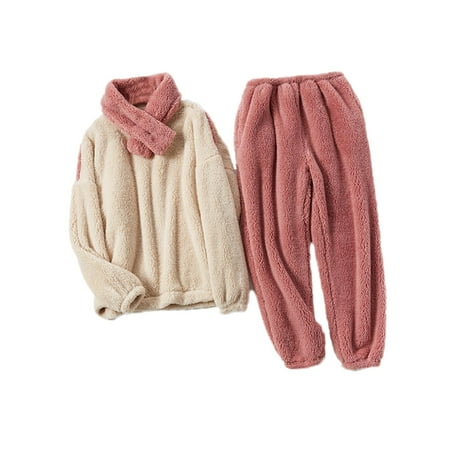 

2x Women Pajamas Set Casual Outfits Thick Fleece Long Sleeve Pullover Pants Warm beige L