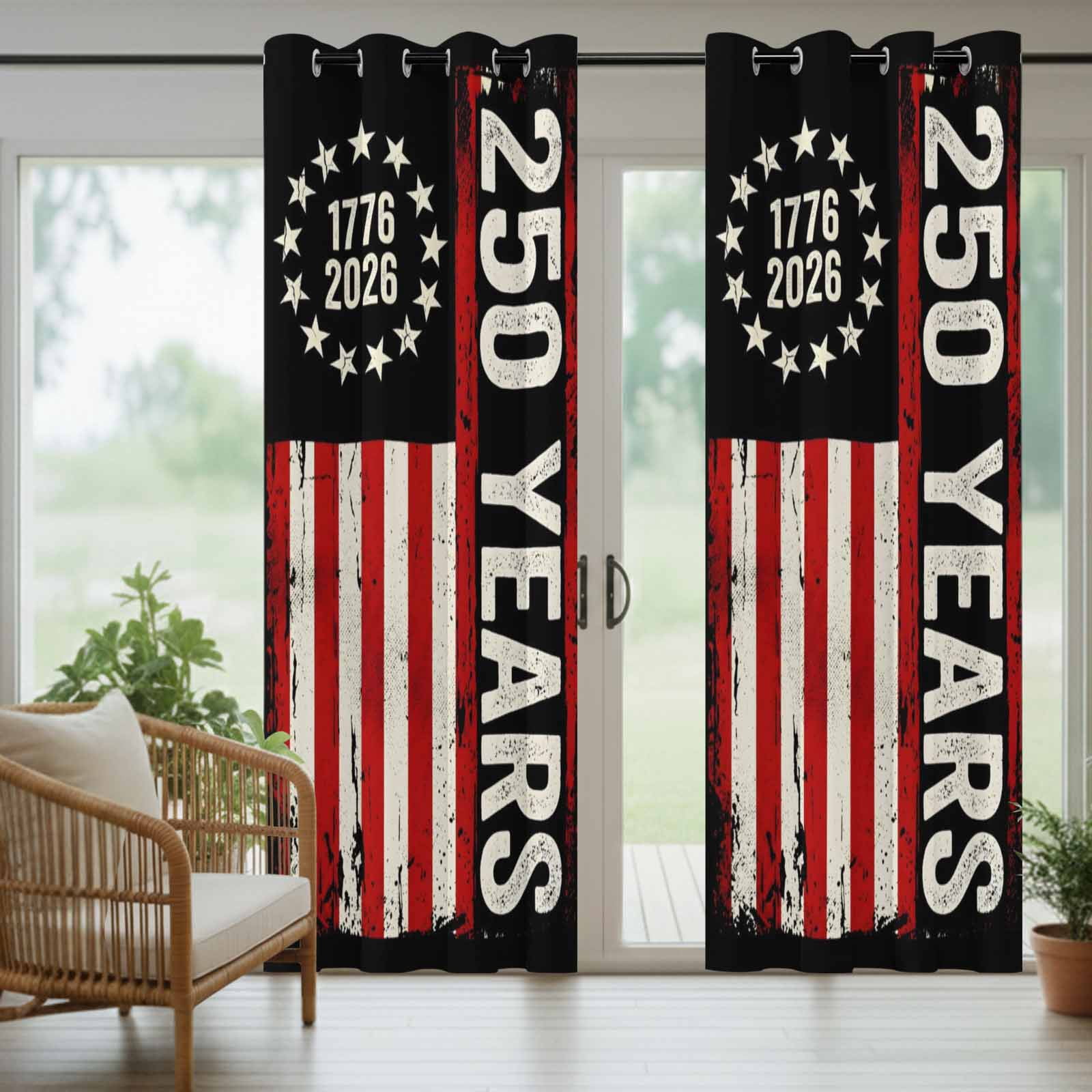 Independence Day Outdoor Curtains for Patio, Distressed 250 Years Red White Flag Sunshade Privacy Drapes Grommet Waterproof Outside Curtains for Porch/Cabana/Balcony 54"x 108", 1 Panel