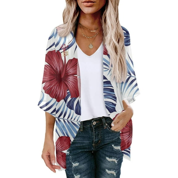 Alkepwun Summer Cardigans for Women Lightweight Floral Print 3/4 Sleeve Cardigan Loose Beach Cover Up Casual Chiffon Blouse Trendy Tops