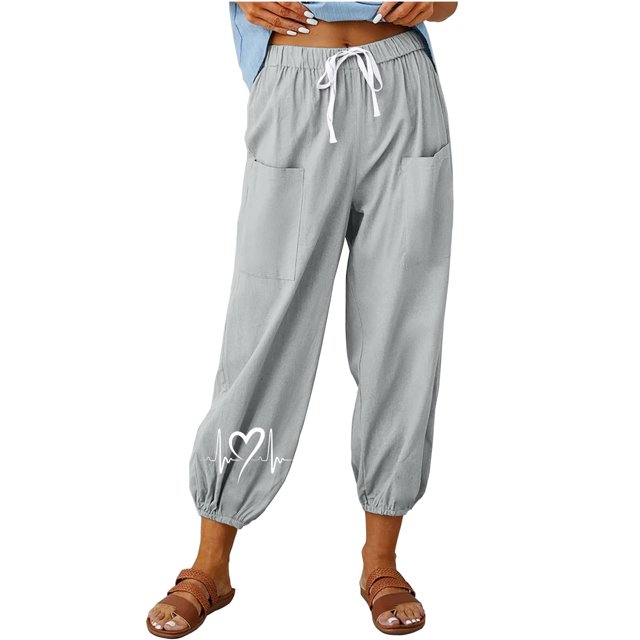 ameIAEA Womens Elastic Waisted Drawstring Pants Wide Leg Print Casual Trousers with Pockets