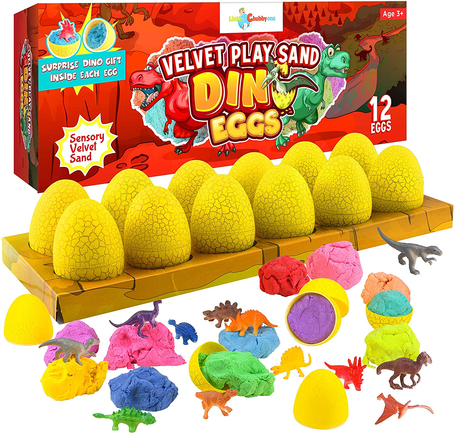 Toy Magic Sand Set Includes 12 Eggs with Sand Plus Dinosaur Surprise Sensory Toy for Girls and Boys Age 2 3 4 5 6 7 8 9 10 LITTLE CHUBBY ONE Kids Velvet Play Sand Dino Egg Set