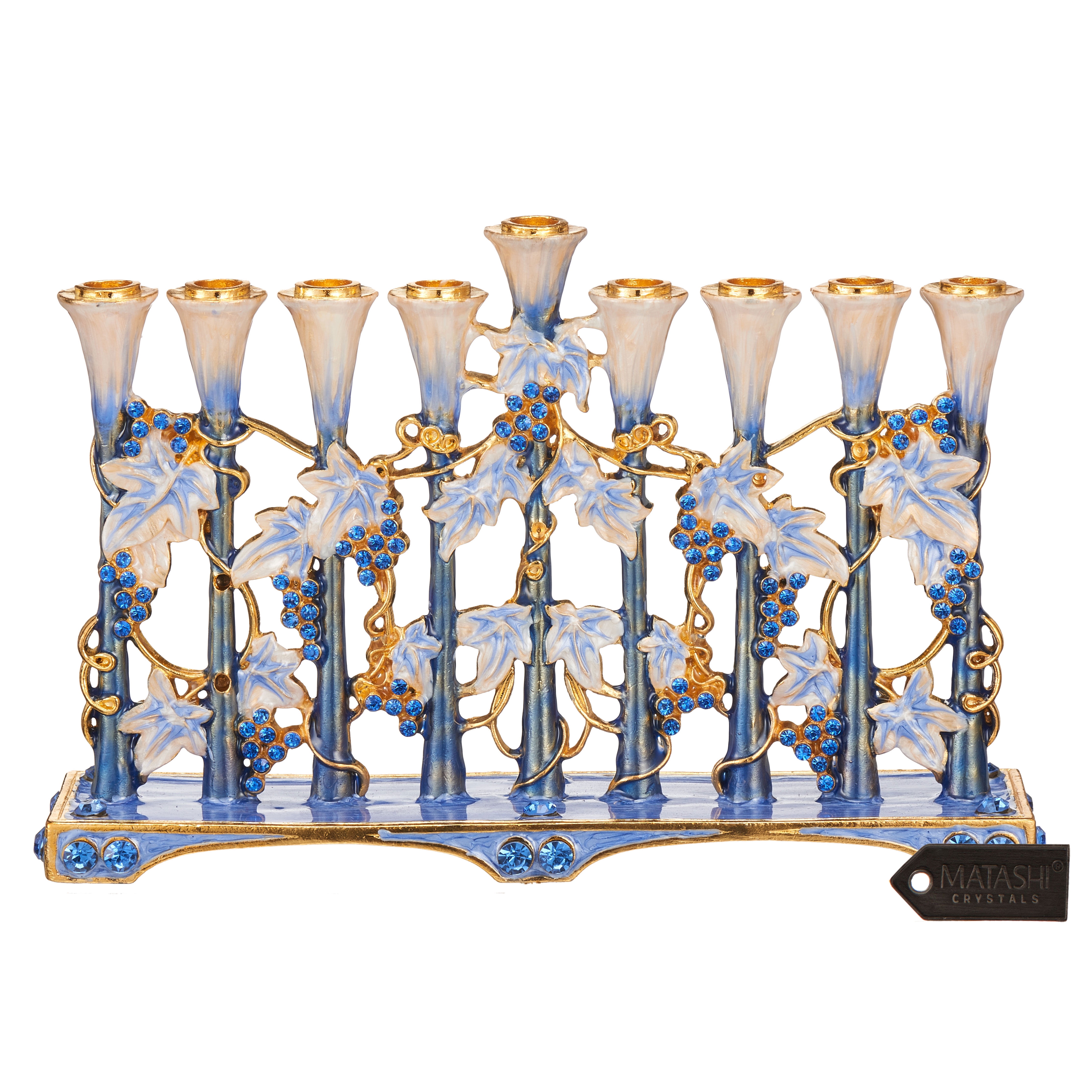 Classic Blue Hand Painted Enamel Menorah Candelabra Embellished with Gold Accents and Crystals by Matashi