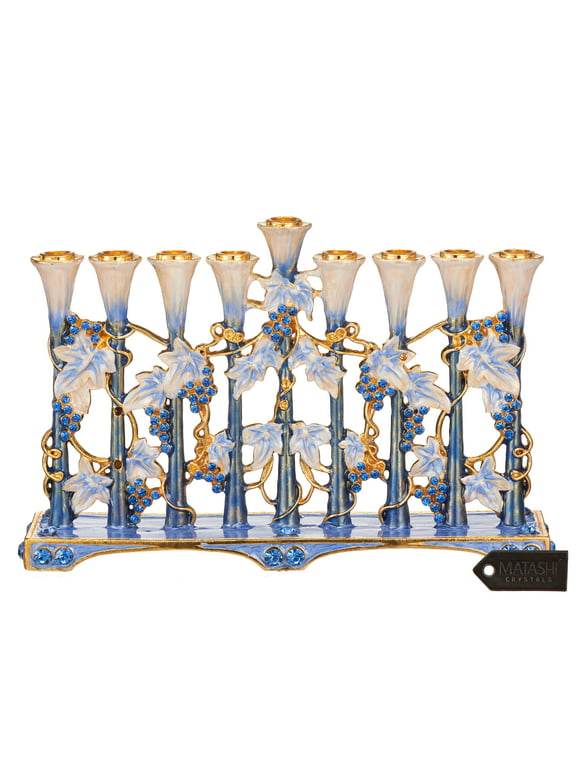 Matashi Home Decorative Tabletop Showpiece Hand Painted Blue and Ivory Tulip Menorah Candelabra, Embellished with Gold Accents and High Quality Crystals