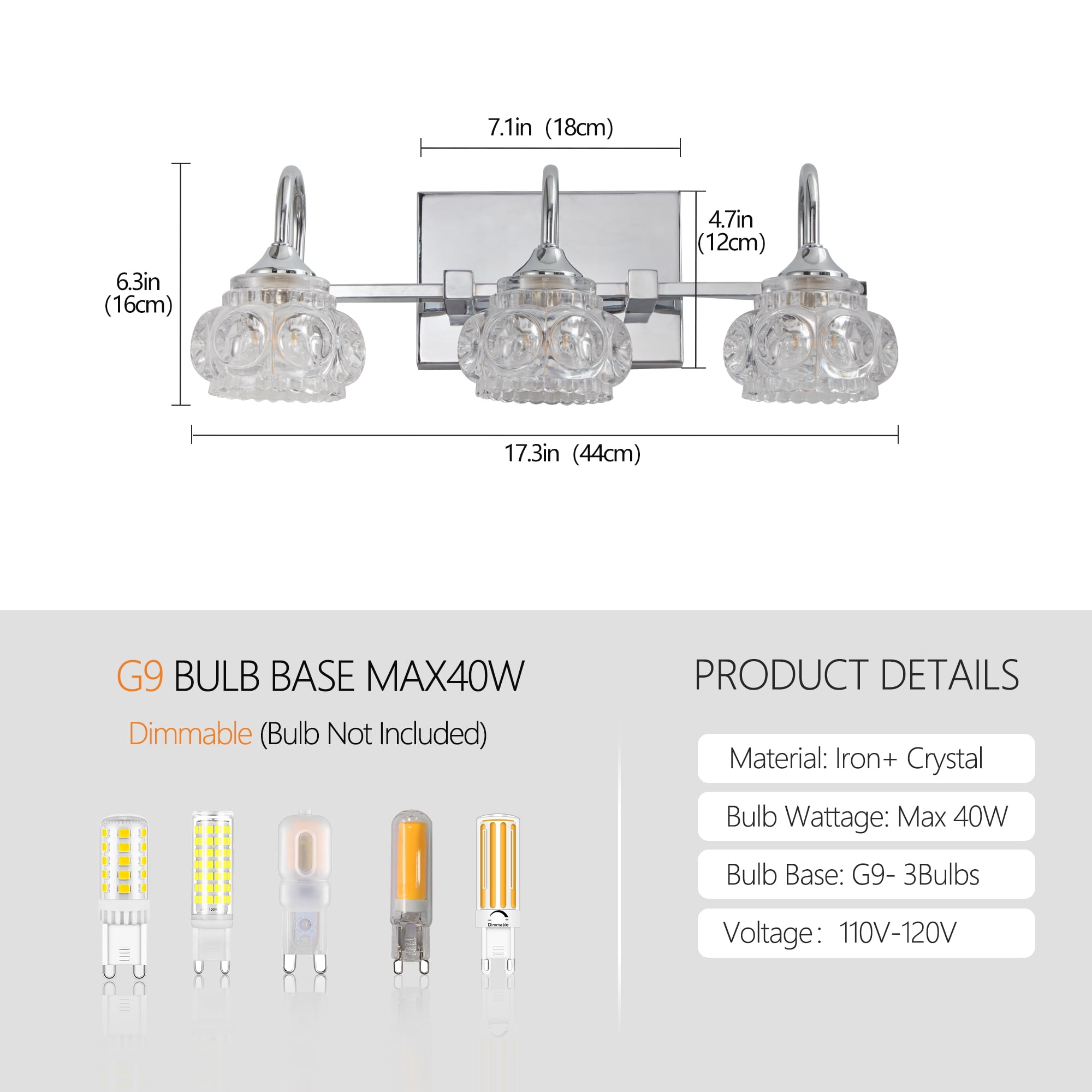 Miniyam Hard-Wired Vanity Light, 3-Light Bathroom Wall Sconce with Crystal Glass Shades, G9 Base, Silver