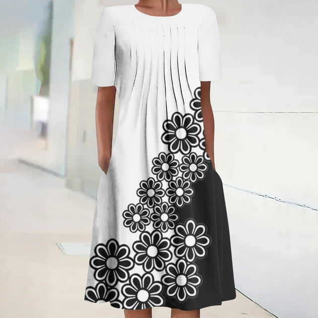 Robe Maxi Grande Taille pour Femme Été Bohème à Imprimé à Manches Courtes Robe de Plage Robe Longueur Genou Robe à Manches Courtes en Liquidation