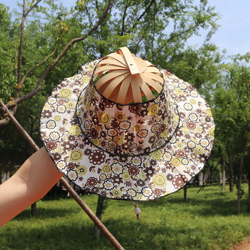 2 in 1 Outdoor Sun Protection Bamboo Foldable Hand Fan Sun Hat Adjustable Hat to Handheld Folding Fan for Traveling Outdoor 