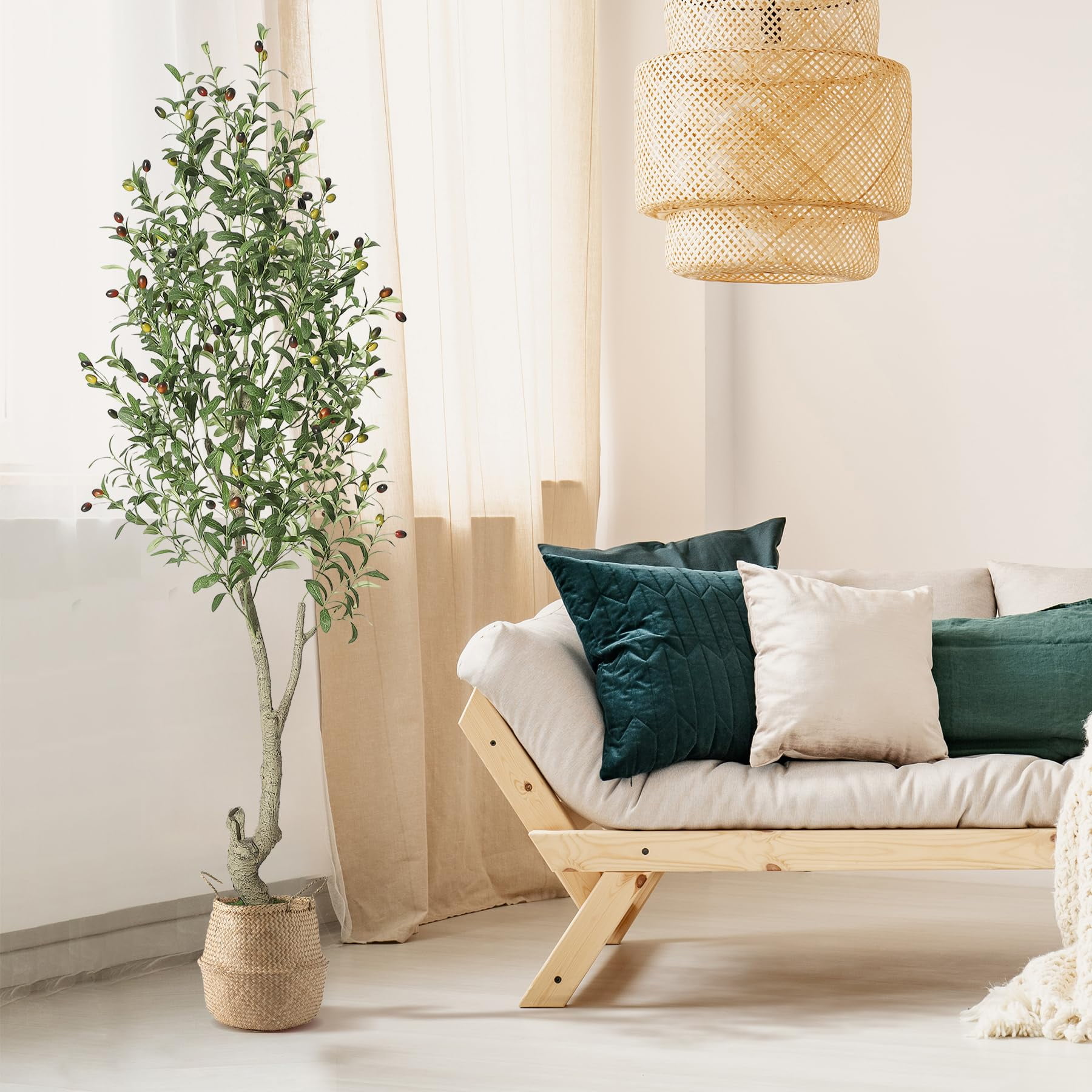 BouPower Artificial Olive Tree, Tall Faux Olive Tree with Natural Wood Trunk, Lifelike Fruits, White Planter and Green Fake Moss, UV Resistant Potted Plant for Home Office Living Room Foyer Decor
