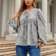 thumbnail image 4 of Top de gasa floral con cordón, camisa de gasa holgada y cómoda con farol, manga larga, cuello en V, para mujer, color negro, M, 4 of 7