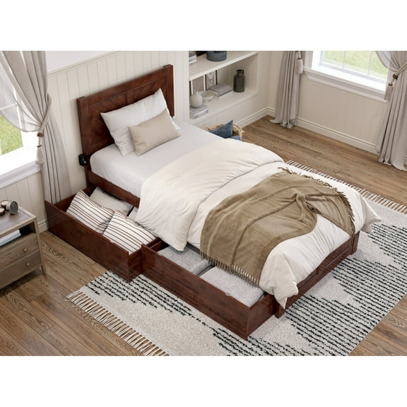 Twin XL Platform Bed with Footboard & Drawers - Walnut Finish, Modern Bedroom Furniture