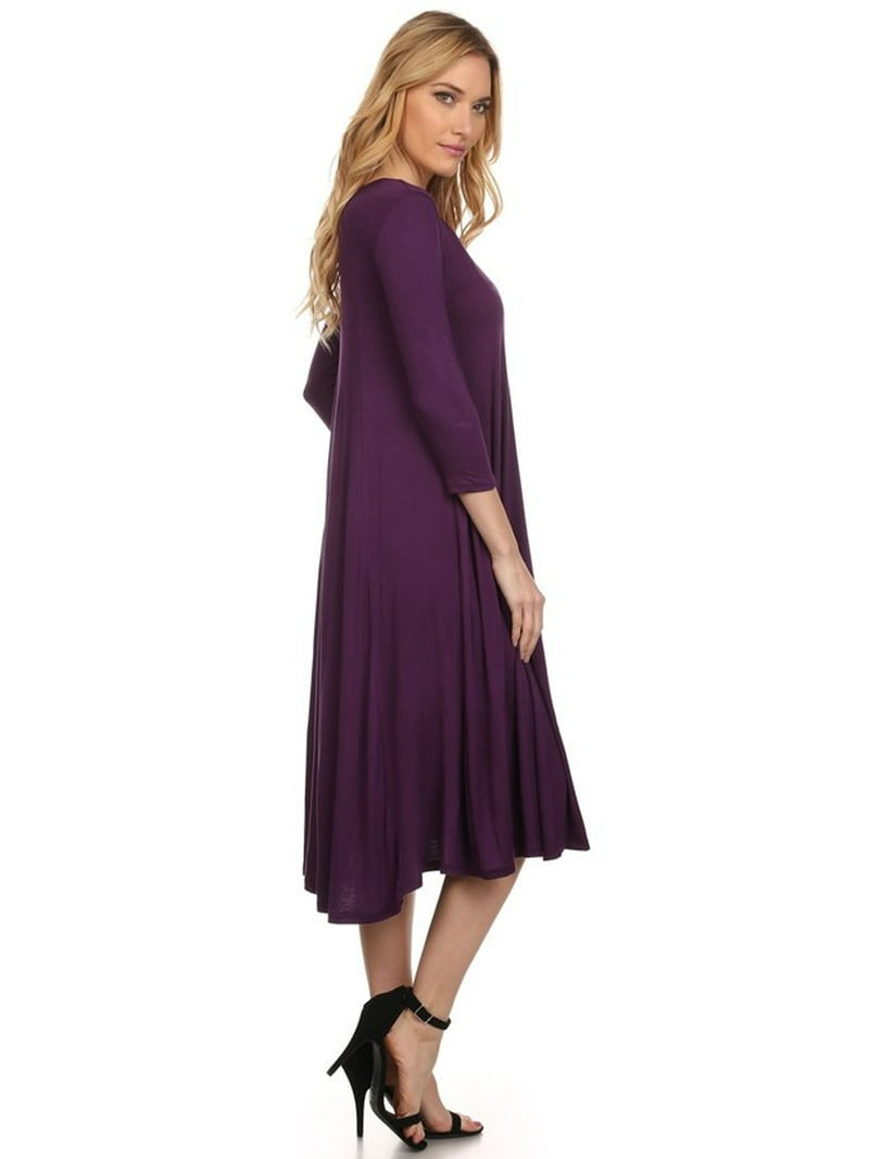 Moa Collection Women's Trendy Style 3/4 Sleeves Casual Solid Midi Maxi Dress, Size: Small, Purple