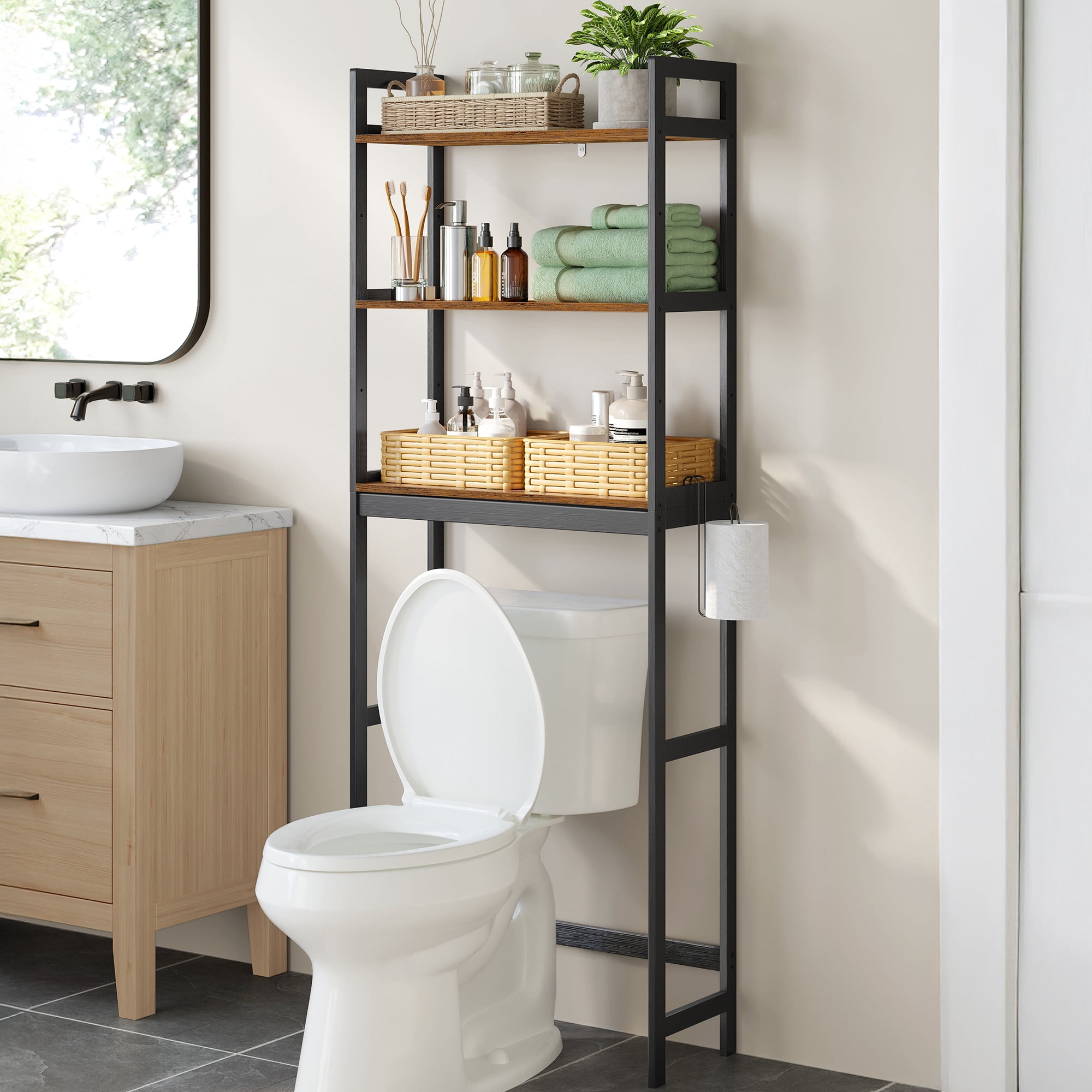 SONGMICS Over The Toilet Storage, 3-Tier Bathroom Organizer Over Toilet with Adjustable Shelves, Rustic Brown and Ink Black