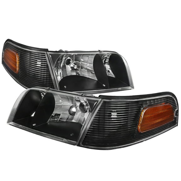 Factory Style Headlights w/ Corner Signal Lights (Black Housing/Clear Lens) Made for and Compatible with 1998-2011 Ford Crown Victoria
