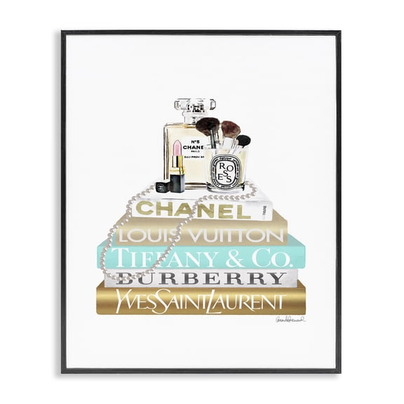 Stupell Industries Art Deco Gold Blue Perfume Bookstack Black Framed Giclee Art, 11 x 14, by Amanda Greenwood