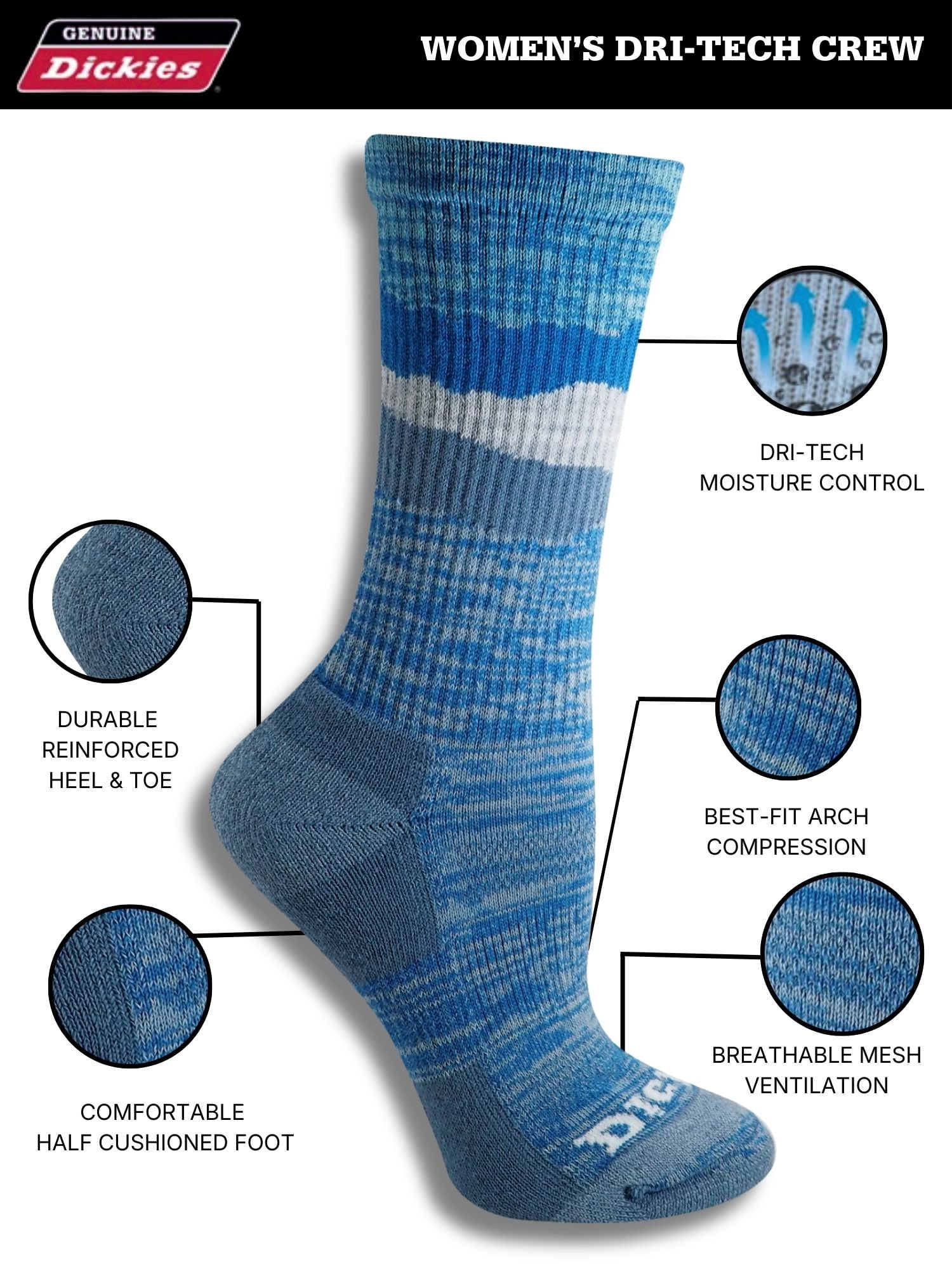Genuine Dickies Women's Dri-Tech Mtn Crew Socks, 5-Pack