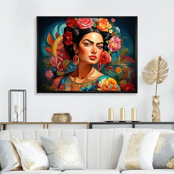 Designart "Pop Art Tribute Frida's Essence in Mexican Fashion" Fashion Framed Wall Art - Glam Pink Pop Art Bedroom Framed Canvas Wall Art