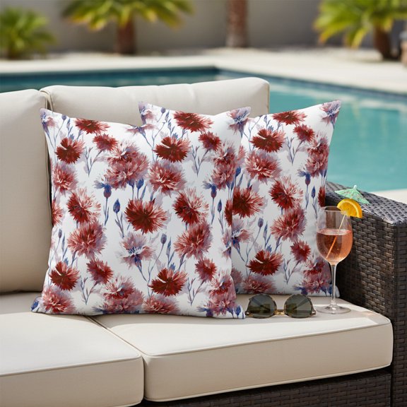 Red Floral Outdoor Waterproof Throw Pillow Covers Set of 2, 20"x20", Vintage Cornflower Leaf Retro Plant Art Farmhouse Decorative Pillow Covers Outside Cushion Case for Patio Porch Garden