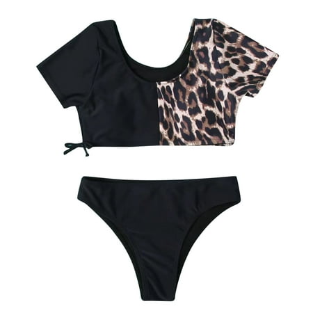 

TAIAOJING Toddler Baby Girls Summer Swimsuits Kids Child 2 Piece Short Sleeve Leopard Print Tops Solid Underpants Bikini Swimwear Beach Wear Set Girl s Bathing Suit 10-12 Years