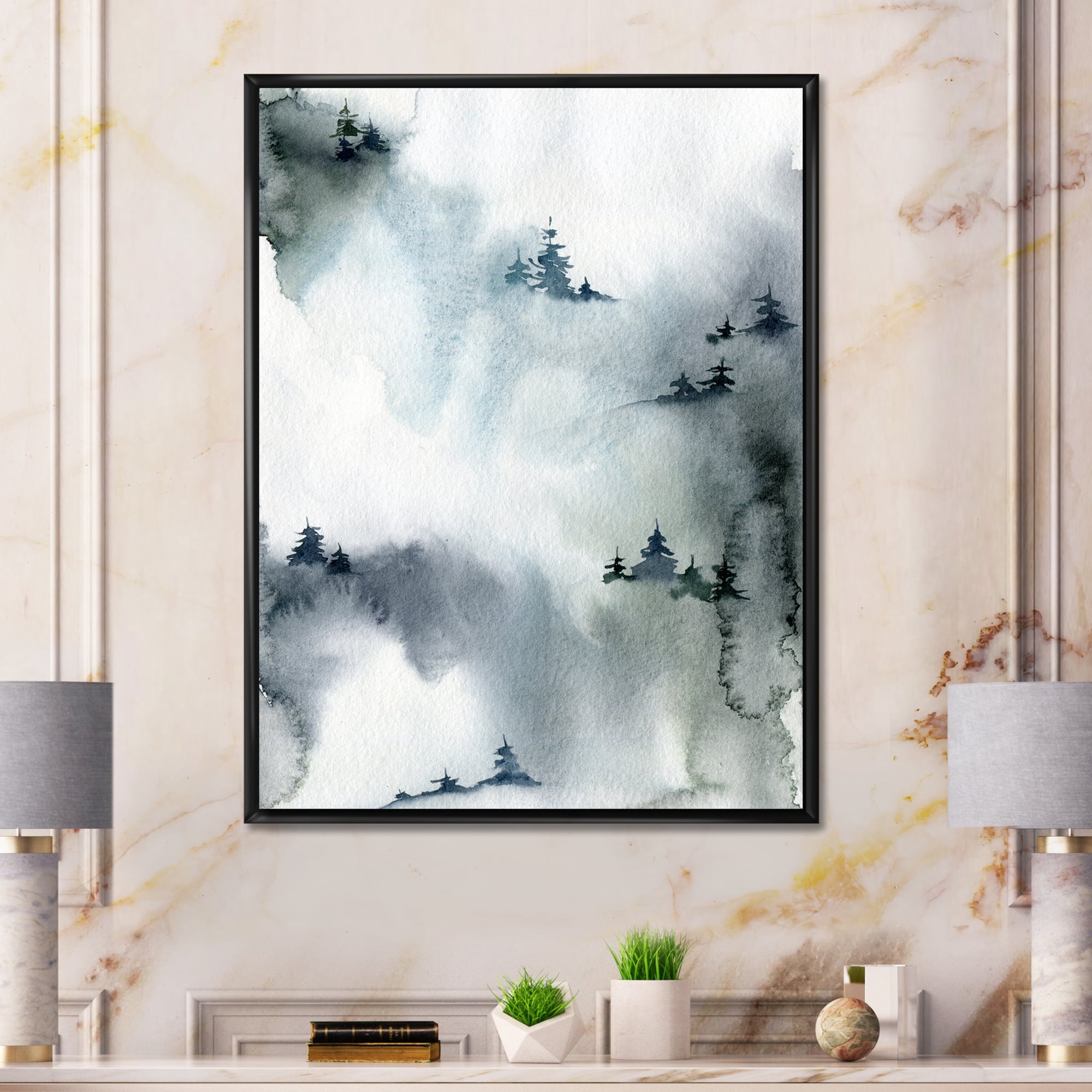 Designart 'Minimalistic Snowy Fir Trees With Winter Forest' Modern Framed Canvas Wall Art Print
