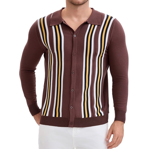 Camisas de polo de punto de manga larga para hombre con botones y estampado L marrón