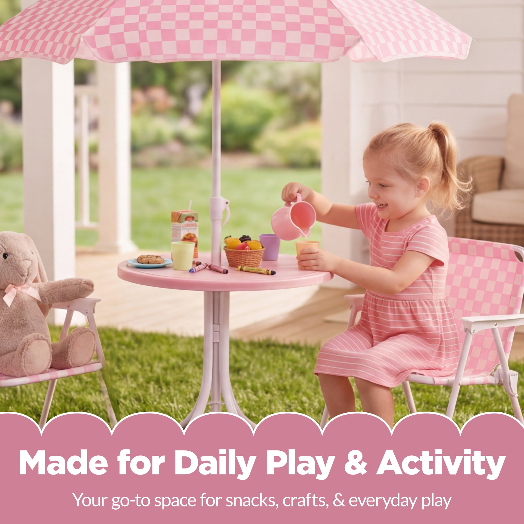 Best Choice Products Kids Outdoor Table and Chair Set with Umbrella, 3-Piece Foldable Toddler Picnic Set Ages 2-5 - Pink