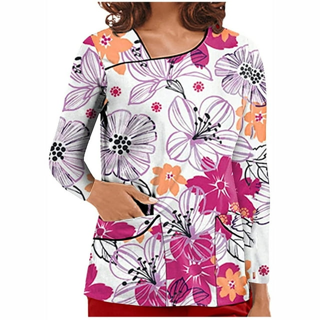 Pompotops Women V-Neck Tops Working Uniform T Shirt Print Long Sleeve Blouse With Pockets