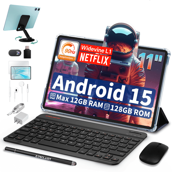 TECLAST P50 Android Tablet with Keyboard and Mouse, 11 inch Tablet 12GB RAM 128GB ROM 1TB Expand, Octa-Core T606, 7000mAh, WiFi5/BT5/5MP 8MP, Tablet with Case/Stylus/Headphones/Tablet Stand/OTG