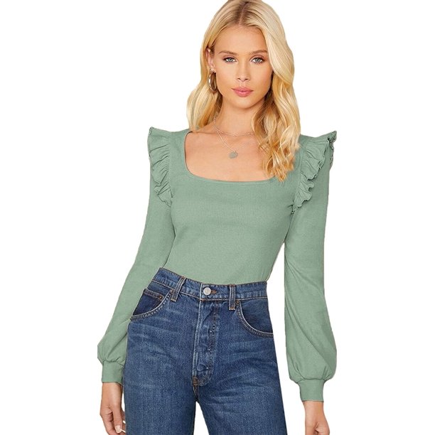 Blusa de manga larga con cuello redondo y ribete de volantes para mujer Verde (Mint) G Verde (Mint) G Xishao ropa