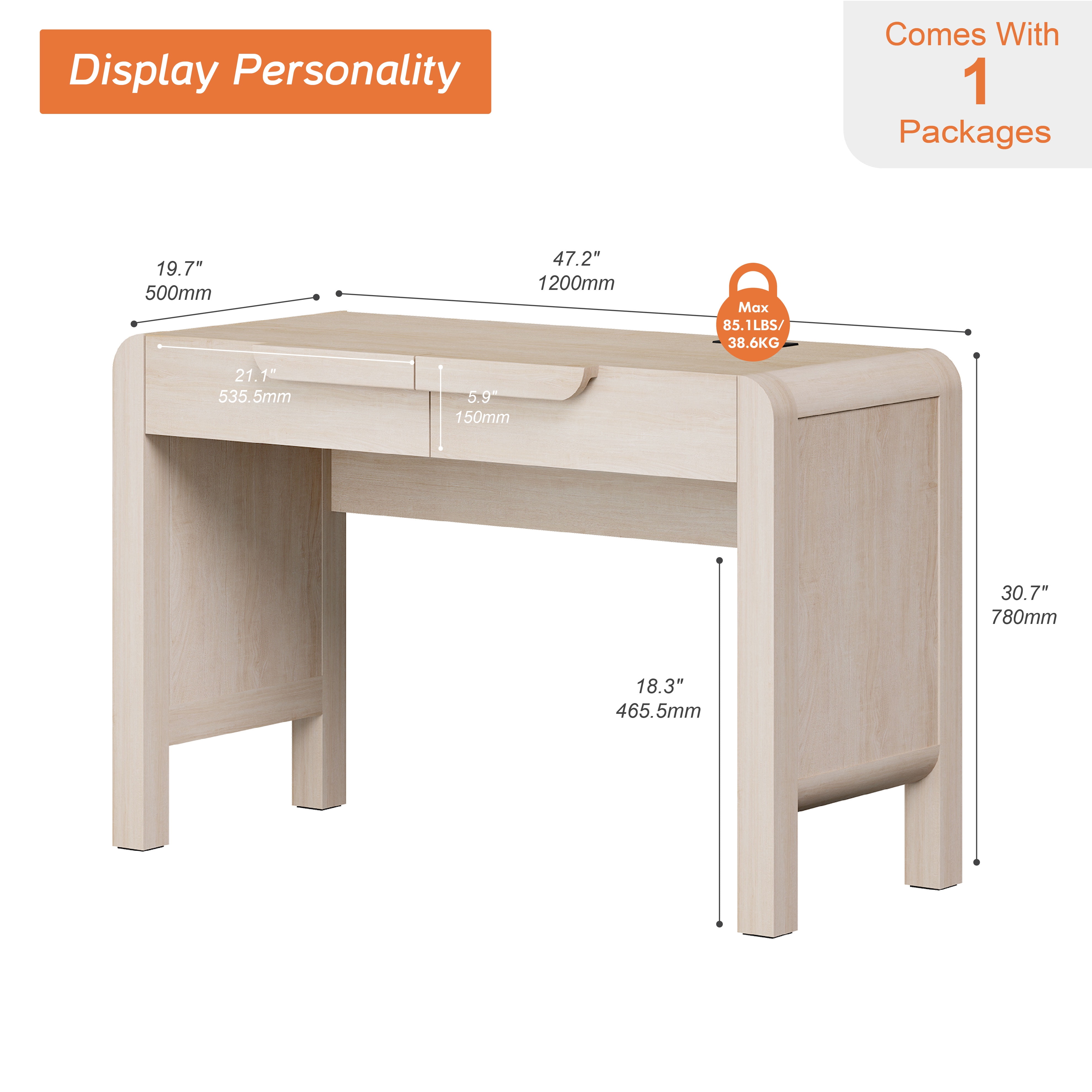 47.2”W Mid-century Modern Curved Waterfall Writing Desk With 2 Drawers，Wood Computer Desk With Charging Station, Standing Desk For Home Office