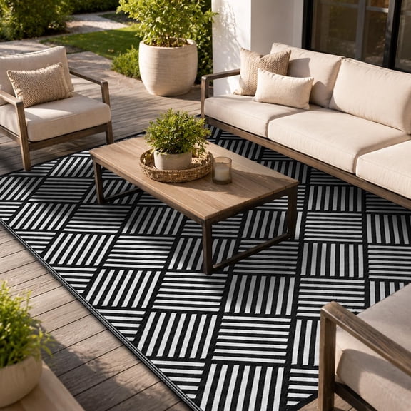 Outdoor Rug 9'X12' Waterproof Patio Mat, Foldable PP Tube Woven Area Rug, Modern Striped Design, Plastic Straw Rug, for Backyard, Beach, Camping, Picnic,Black&White