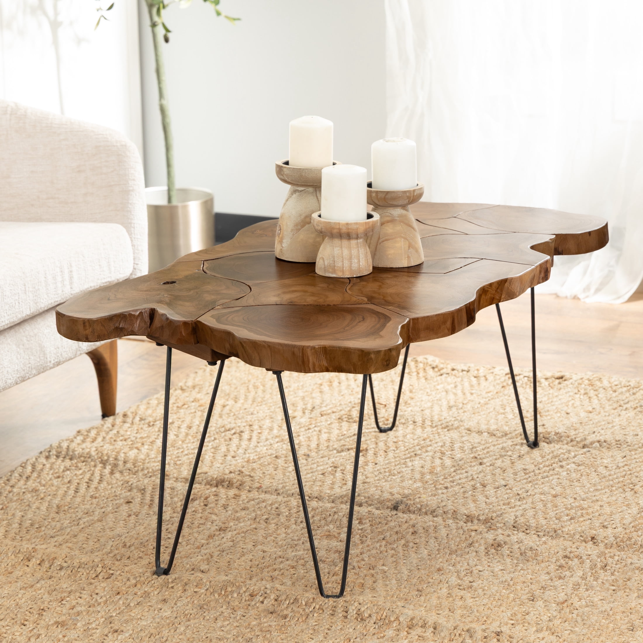 DecMode 43" x 19" Brown Teak Wood Handmade Live Edge Coffee Table with Black Hairpin Legs, 1-Piece