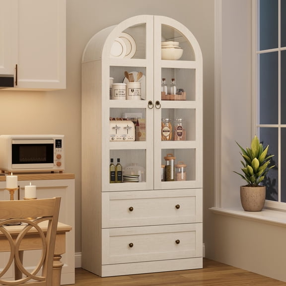 72" Arched Farmhouse Pantry Cabinet — Wooden Freestanding Cupboard with Doors, Drawers & Adjustable Shelves for Dining & Living Room, White，glass door