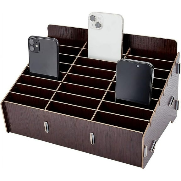 24-Grid Wooden Cell Phone Storage Box Mobile Phone Holder Desktop Organizer Storage Box for Classroom Office Black Finished Product: 320x200x180mm