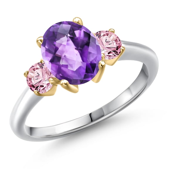 Gem Stone King 10K Two Tone Gold Purple Amethyst and Pink Lab Grown Diamond Engagement Ring for Women | 2.10 Cttw | Oval 9X7MM | Gemstone February Birthstone | Size 9