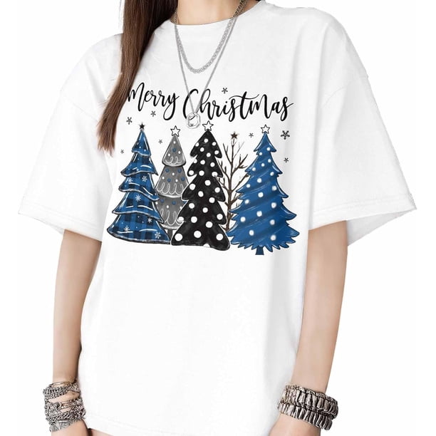 T Shirts for Womens Christmas Tree Short Sleeve Graphic Tees Loose Fit T-Shirt Cotton Casual Tops