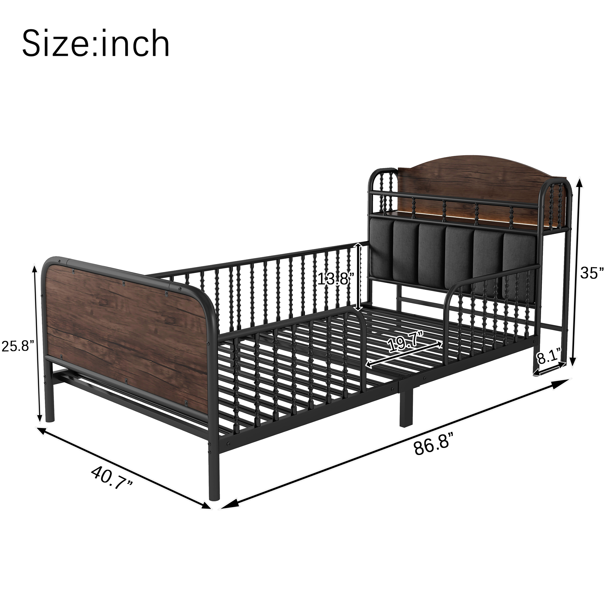 Euroco Metal Twin Size Platform Bed with Upholstered Headboard, Storage Shelves and LED Light, Black