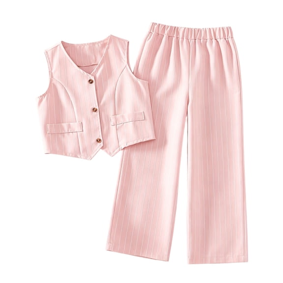 Girls 2 Piece Outfits Vertical Stripe V-Neck Sleeveless Suit Vest and Elastic Waist Wide Leg Pants, Kids Formal Casual Summer Matching Outfit for Party Daily Wear(Pink,3-4 Years)