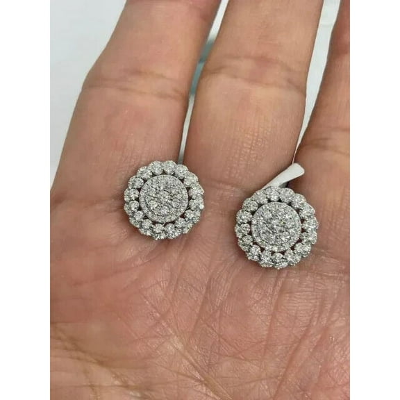 2Ct Round Cut Diamond Natural Cluster Halo Stud Earrings 14k White Gold Finish