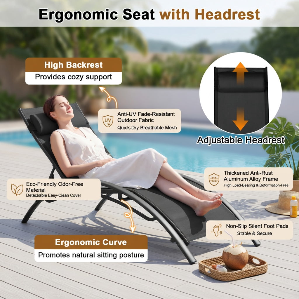 Hommoo 2-Piece Outdoor Chaise Lounge Set with 5-Position Adjustable Reclining Backrest, Heavy-Duty Metal Frame, Breathable Fabric, Black