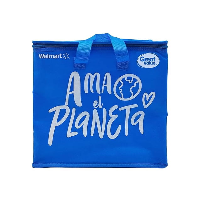 bolsa térmica great value azul mediana 1 pza, vista frontal centrada con asas superiores y cierre zipper, impresión blanca “Ama el Planeta”, logos Great Value y Walmart, exterior de poliéster con borde reforzado; 33.7 x 35 x 16.5 cm, adecuada para conservar alimentos fríos o calientes durante salidas.