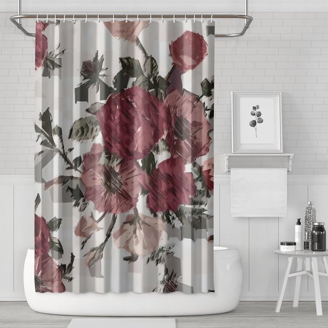 Ensemble de Rideau de Douche avec Doublure à Boutons-Pression, Fleurs Rouges et Grises en Floraison (4) Rideaux de Douche Doublure de Douche Imperméable, Rideau de Salle de Bain Minimaliste en Polyester, 72x72 Pouces