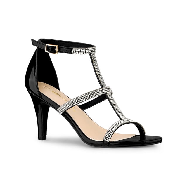 BLISSFUL STEP Sandales à Talons Hauts Stilettos pour Femmes avec Bride à la Cheville Ornée de Strass