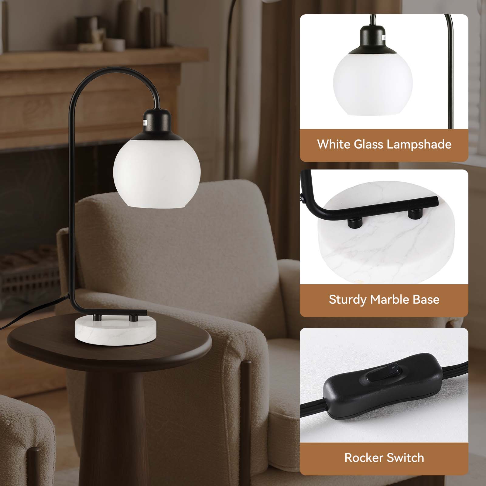 SUNMORY 20" Marble Table Lamp, Modern Desk Lamp with 3 Color Temperatures, Bedside Lamp with Marble Base & Glass Lampshade, Convenient Rocker Switch, Nightstand Lamp for Bedroom, Living Room, Office