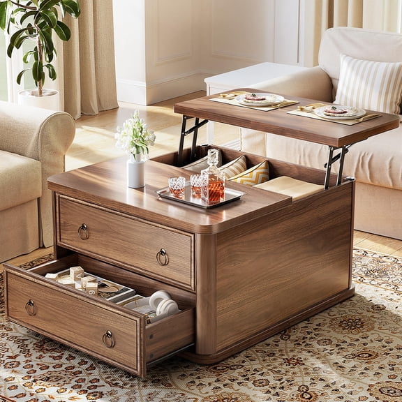 Top Coffee Table with Storage, Square Walnut Finish, 31.5 Inch